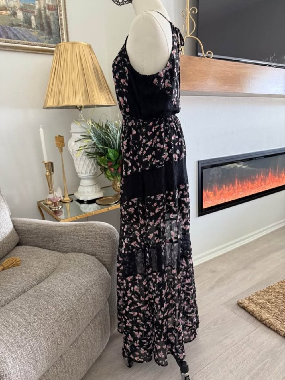 Black Floral Maxi Dress Women Small Boho Lace Layered Spaghetti Straps Size L - Picture 4 of 14
